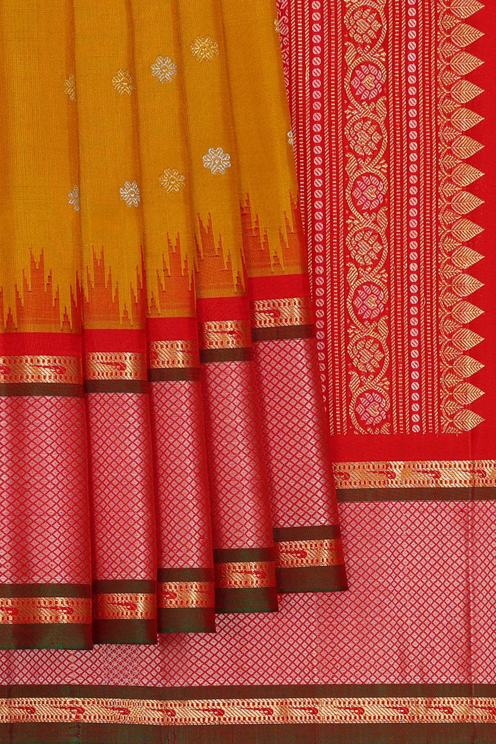 Image of Gadwal Silk Mustard Yellow Saree